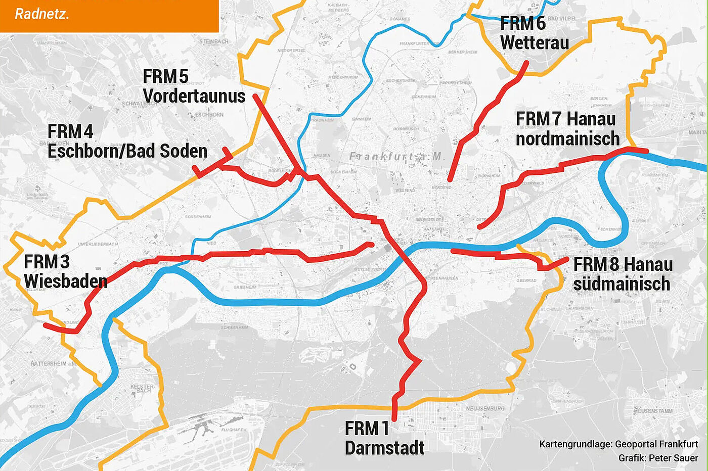 Die Grafik mit den Radschnellwegen, die nach Frankfurt und von Frankfurt weg führen sollen