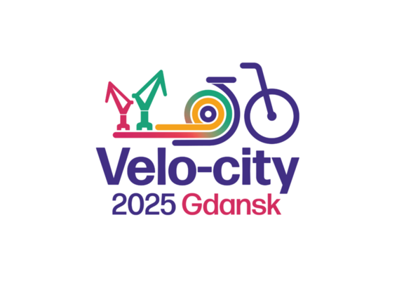 Das Logo der Velo-city 2025 Konferenz in Danzig zeigt einen stilisierten Hafenkran und ein Fahrrad in bunten Farben.